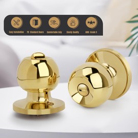 Gaurqiah Keyless Privacy Door Knob, Ball Design Doorknob for Interior, Reversible Round Door Lock for Bath Bed Doors, Polished Brass