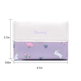 AOVINBID Small Womens Wallet, Cute Bunny Trifold Fashion Girls Wallet Slim Kawaii Wallet for Teens, Ladies Wallets with Cash Pocket Card Holder ID Window (Purple)