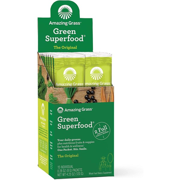 Amazing Grass Green Superfood: Super Greens Powder with Spirulina, Chlorella, Digestive Enzymes & Probiotics, Original, 15 Servings