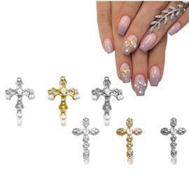 18 pcs 3D Alloy Cross Luxury Nail Charms,Pearl Gems Diamond Alloy Crystal Rhinestones Nail Decor for Acrylic Nail Art DIY Nail Designs（6 Styles）