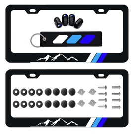 2 Pack Tri-Color 3 Color Mountain License Plate Frame Holder Cover, Car Tire Valve Stem Caps Cover Compatible with Toyota Car Accessories. (White Blue Dark Blue 2 Holes)
