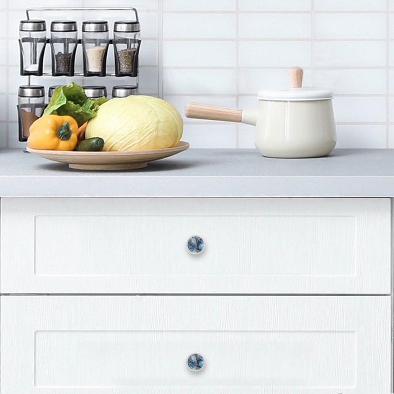 4 Pcs Blue Marble Texture Cabinet Knobs, 1.37 Inch White