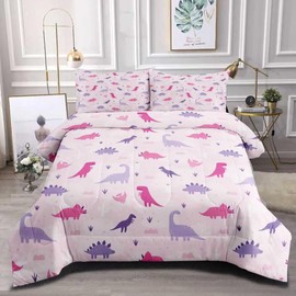 CKOU CCOO Dinosaur Comforter Set for Kids, Girls & Teens - Twin Size, Cute Pink & Purple Dino Bedding with 1 Comforter & 2 Pillowcases, Kawaii Animals Dino Bedroom Decor