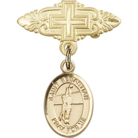 Gold Filled Baby Badge with St. Sebastian/Volleyball Charm and Badge Pin with Cross 1 X 3/4 inches
