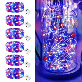 4th of July Decorations - 6 Pack Red White Blue Fairy Lights Battery Operated, 7ft 20 Led Twinkle Lights 3 Modes, Waterproof Bulk Mini String Light for Independence Day Patriotic Decorations