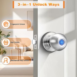 Probrico Fingerprint Door Knob, Smart Lock for Bedroom Door, Keyless Entry Smart Biometric Door Knob, Interior Door Knob with Fingerprint Lock for Apartment, Office, Closet, Satin Nickel