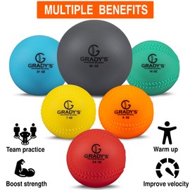Grady's Pitching School Soft Shell Weighted Ball Set 32, 21, 14, 7, 5, and 3.5oz-Pitching/Throwing Velocity Training for Baseball and Softball/Seams or No Seams (with Seams)
