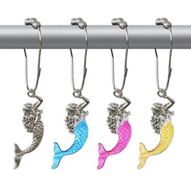 Sea Mermaid Shower Curtain Hooks Decorative Rings for Bathroom Beach Little Girl Bath Decor Stainless Steel Rustproof Shower Hanger Pack of 12 Shower Hooks for Shower Curtain or Liner (Colorful)