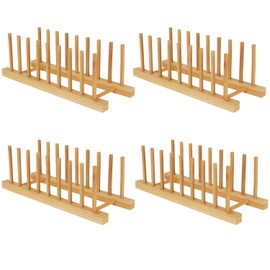Yuixoseu 4 Pack Bamboo Dish Drying Rack Kitchen Cabinet Organizer, Plate Pot Lid Organizer, Wooden Drying Rack Stand Drainer for Dish, Pots, Lids, Bowls, Cups, and Cutting Boards and Books