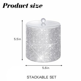 Svpolns Bling Round Dispenser Stackable Apothecary Jar with Clear Lid ,Qtip Hold Bathroom Containers Cotton Ball & Swab Canister Vanity Organizer for Q-tip Cotton Round, Floss, Makeup Pads (2-Tier)