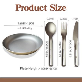 7.5Inch Titanium Plate With Knife Fork Spoon Set Of 4 - Ultralight For Backpacking, Hiking, Travel Dinnerware Easy Clean Compact