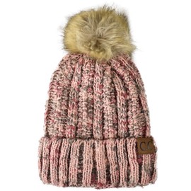C.C Thick Cable Knit Faux Fuzzy Fur Pom Fleece Lined Skull Cap Cuff Beanie, Popcorn Confetti Rose