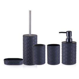 Liuonnam Bathroom Accessories Set 5-Piece Plastic Gift Set with Toilet Brush Holder, Toothbrush Holder, Toothbrush Cup, Soap Dispenser, Soap Dish(Black)
