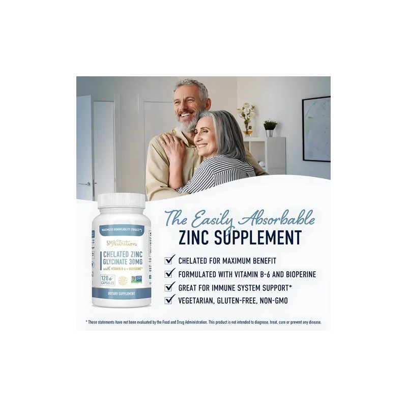 Quelato de Zinc SM Nutrition con Vitamina B6 y Bioperina,