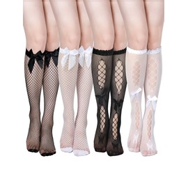 Geyoga 4 Pairs Women's Fishnet Knee High Stockings Lace Hollow out Women's Calf Socks Ankle Sheer Socks(Black, White,Bowknot and Ruffle)