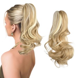FREEORR Claw Clip Ponytail Hair Extension, 14”Ponytail Clip in Claw Hair Extension, Long Curly Claws Clips in Pony Tail Extensions for Women, Natural Hairpiece-Light Ash Brown and Bleach Blonde