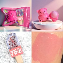 Bear Moisturizing Lip Balm & Lip Gloss Set - Oil Infused, Long-Lasting Lipstick & Gloss for Smooth Lips hydrating lip glow oil， Transparent Lip Oil Tinted, Reduce lip lines (Dark pink suit, 1)