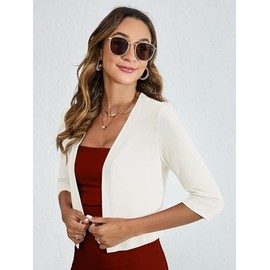 Heymoments Women's Thin Shrugs for Dresses White Large Open Front Knit 3/4 Sleeve Lightweight Coat Cropped Tops Shawls and Wraps Cardigan Dressy Sweater Clothes