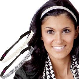 Hipsy Women's Sparkly Bling Glitter Adjustable No Slip Nurse Headbands for Women (Gunmetal/White Bling Skinny 2pk)