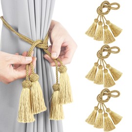Porlau Elegant Curtain Tiebacks Rope Decorative Curtain Tie Backs for Drapes Hand Woven Window Treatment Holdbacks with Tassel, Gold 6pack