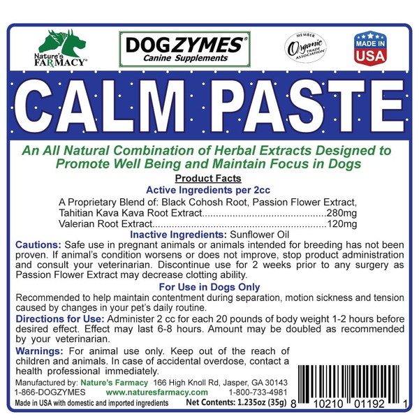 Dogzymes Calm Paste 30cc Helps Keep Your pet Calm and Relaxed Designed to Calm, Handle Stress, Thunderstorms and Travel. It enhances Focus and Well Being.