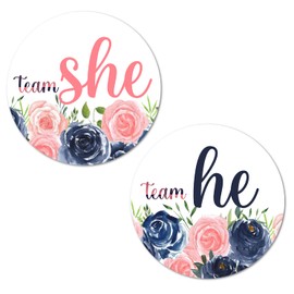 40 Team He Team She Gender Reveal Stickers, Boy or Girl 2 Inch Big Round Glossy Labels, Navy and Blush Theme Decals, Great for Baby Shower Party Favors, Tags, Games and Supplies. Made in USA