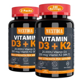 Nextdia Vitamin D3 20,000 IU + K2(MK7) 200mcg-Optimal Vitamin D3 & K2-Support Strong Bones & Muscle, Calcium Absorption & Immune Health, Helping Vitamin D Deficiencies, Easy to Swallow, (Pack of 2)