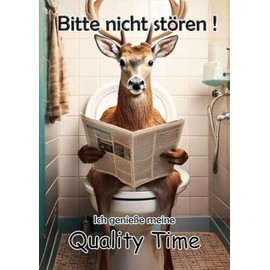 Blechschild Humor Aluminium 20x30cm - auf der Toilette mit Zeitung Wildtier Wald Hirsch 61