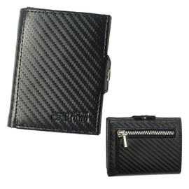 Slim Wallet Deluxe, Carbon leather black with coin compartment small, S, rfid wallet