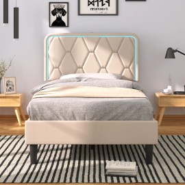 VECELO Bed Frame With Charging Station LED Light Twin Full Queen Size Velvet Headboard - Twin