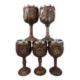 Atlantic Collectibles Norse Mythology Viking Deities Odin Loki Thor Valkyrie Battle Longship 7oz Resin Wine Goblet Chalice Set of 5 With Stainless Steel Liner