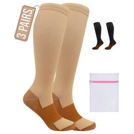 360 RELIEF 3 Pairs Copper Compression Socks Women & Men 15-20 mmHg Varicose Veins, Travel, Running, Pregnancy Socks, S/M, Beige + Laundry Bag