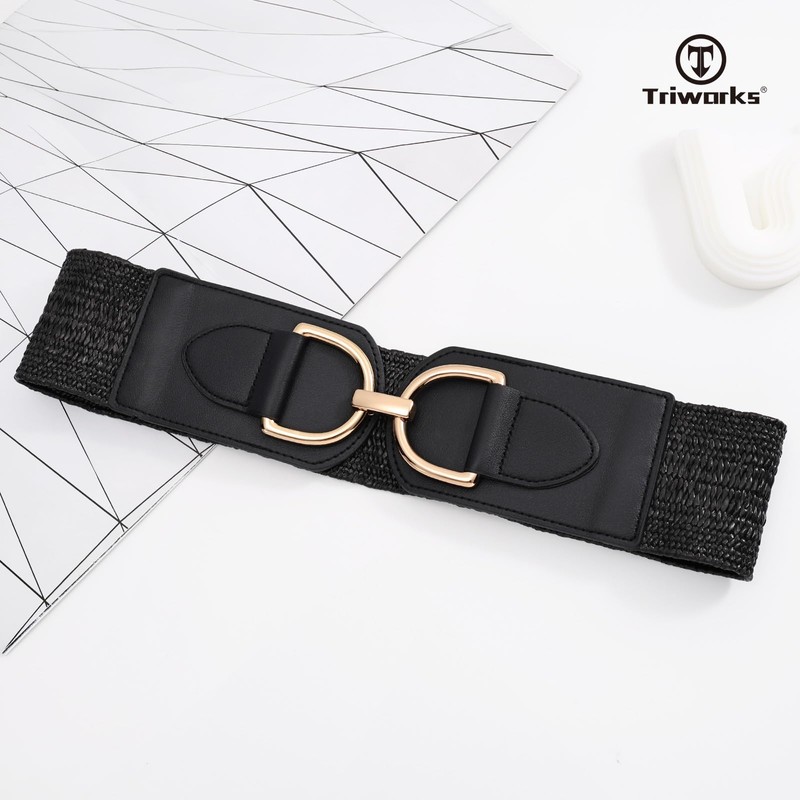TRIWORKS Straw Woven Elastic Belt for Women Wide Boho Braided