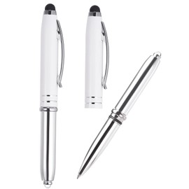 PATIKIL Ballpoint Pen with Stylus Tip and LED Flashlight, 2 Pack 3 in 1 Metal Pen Black Ink 1.0mm Medium Point Stylus Pen for Touch Screens, White