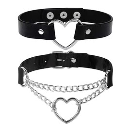 2 Pieces Of Heart Necklaces, Leather Collars, Chain Collars, Love Neck Necklaces, Punk Heart-Shaped Collars, Adjustable Choker Necklaces