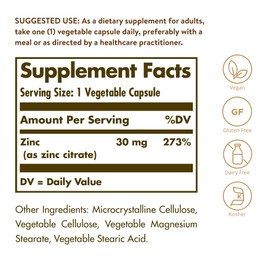 SOLGAR Solgar Zinc Citrate Vegetable Capsules, 100 Count, Non-GMO, Gluten Free, and Kosher, Supports Immune System Health, Healthy Skin and Eyes, Normal Taste and Vision