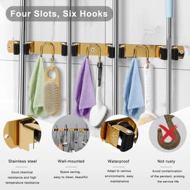 GUUKAR Mop Broom Holder Wall Mount, Gold Stainless Steel Tool Storage Organizer for Kitchen Garden Garage Laundry Room Bathroom and RV with 4 Slots 6 Hooks
