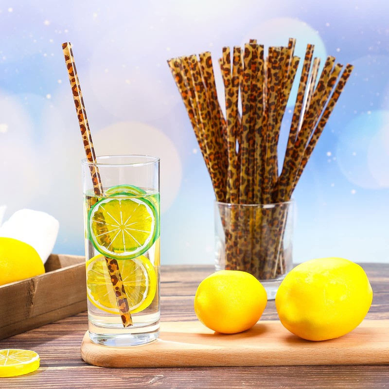 Pack of 50 Reusable Leopard Pattern Plastic Drinking Straws Printed