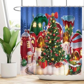 Funnytree Cartoon Christmas Shower Curtain for Bathroom Xmas Winter Village Fairy Tale Home Bathtubs Curtain Decor Set with 12 Hooks Easy Care Waterproof Washable Soft Durable Polyester Fabric 72"x72"