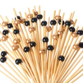 Patelai 120 Pcs Cocktail Picks Set Beads Bamboo Toothpicks Sturdy Long Wood Handmade Sticks Party Supplies with Box for Graduation Party Supplies(Gold, Black)