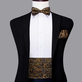 Dubulle Mens Paisley Floral Cummerbundnd and Bowtie Set Silk Pretied Bow Tie with Pocket Square Tuxedo Suit,Black Golds