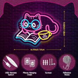 APUDWN Cat Reading Book Neon Sign, Adorable Cat Neon Light for Bookstore Library Classroom Bedroom Wall Decor, USB Dimmable LED Sign Party Birthday Gift for Girls Students Book Lovers
