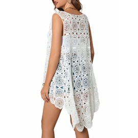 Women's Crochet Lace Vest Boho Sleeveless Kimono Irregular Hem Cardigan (White-W02)