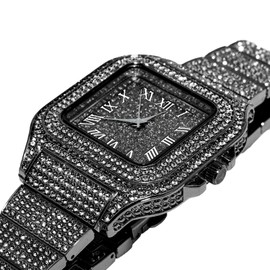Halukakah Men's Watch - The King - Rhodium Black Plated, 40MM Square Dial, Diamonds Iced Out Wristband, Comes in Giftbox, Present for Boyfriend Husband
