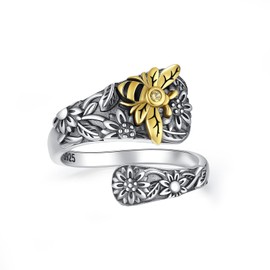 BEILIN Sunflower Bee Rings 925 Sterling Silver Spoon Ring Vintage Sunflower Adjustable Ring Boho Flower Thumb Jewelry Gift for Women Teenager