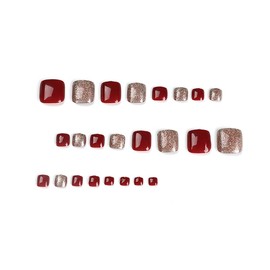 JUSTUSNX 24pcs Red/Green/Brown Fake Toenails Crystal False Toenails Glitter Powder Press on Toenails for Women and Girls (B)