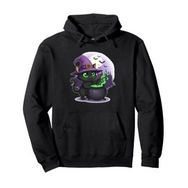Black Cat Witch With Cauldron and Moon Pullover Hoodie