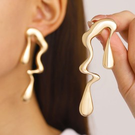 Irregular Waterdrop Earrings for Women Liquid Metal Stud Thick Dangle Asymmetrical Earrings Gold Statement Earrings Jewelry Gifts - Gold