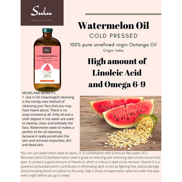 SULU ORGANICS 100% Pure Unrefined Cold Pressed Watermelon Seed Oil-Pure Ootanga Oil (16 fl.oz)