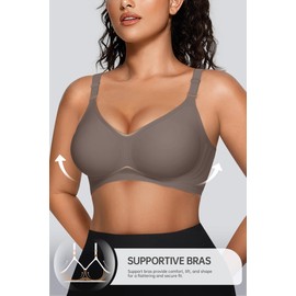 OEAK Womens Comfortable Bras Wireless V Neck Bra Full Coverage Bralettes Seamless Tshirts Bras Push Up Bras with Extender Grey L